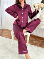 Load image into Gallery viewer, Women's Burgundy Pajamas Satin Collar Piping Long Sleeve