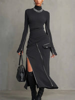 Load image into Gallery viewer, Women's Dark Grey Turtleneck Two Piece Set Zipper Pocket Skirt