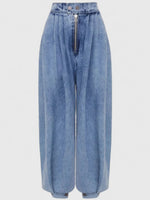 Load image into Gallery viewer, Women's Blue Jeans High Waist Zip Front Pleated Relaxed Wide Leg Barrel Jean Style