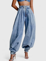 Load image into Gallery viewer, Women's Blue Jeans High Waist Zip Front Pleated Relaxed Wide Leg Barrel Jean Style