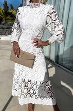 Load image into Gallery viewer, Elegant Lace Midi Dress for Women with High Neck Long Sleeve Crochet A Line Formal Cocktail Style