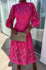 Load image into Gallery viewer, Elegant Lace Midi Dress for Women with High Neck Long Sleeve Crochet A Line Formal Cocktail Style