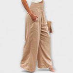 Load image into Gallery viewer, Effortless Khaki Wide Leg Pants for Women with Smocked High Waist Pleated Front Pocket Casual Style