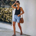 Load image into Gallery viewer, Women's Light Blue Denim Shorts High Waist Frayed Hem Style