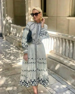 Load image into Gallery viewer, Women's Beige Printed a Line Dress Stand Collar Long Sleeve Belted Midi Casual Style