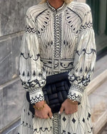 Load image into Gallery viewer, Women's Beige Printed a Line Dress Stand Collar Long Sleeve Belted Midi Casual Style