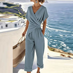 Load image into Gallery viewer, Women's Wrap Jumpsuit V Neck Short Sleeve Tie Waist Wide Leg Flowing Style
