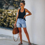 Load image into Gallery viewer, Women's Light Blue Denim Shorts High Waist Frayed Hem Style