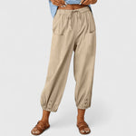 Load image into Gallery viewer, Women's Khaki Wide Leg Pants Elastic Drawstring High Waist Patch Pocket Button Hem Casual Style
