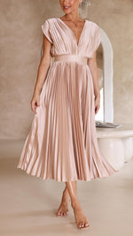 Load image into Gallery viewer, Women's Pleated Maxi Dress Deep V-Neck Sleeveless Accordion Pleat Formal Wedding Guest Style