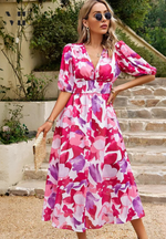 Load image into Gallery viewer, Women's Floral Print Midi Dress V-Neck Puff Sleeve Elastic Waist a Line Casual Style