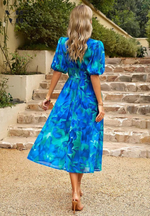 Load image into Gallery viewer, Women's Floral Print Midi Dress V-Neck Puff Sleeve Elastic Waist a Line Casual Style