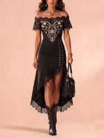 Load image into Gallery viewer, Women's Black Dress Gold Embroidery Lace Panel Asymmetrical Hem