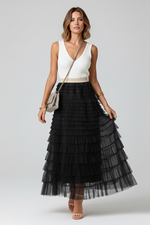 Load image into Gallery viewer, Women's Midi Skirt Elastic High Waist Layered Tiered Tulle Ruffle Formal Casual Style