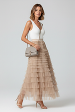 Load image into Gallery viewer, Women's Midi Skirt Elastic High Waist Layered Tiered Tulle Ruffle Formal Casual Style