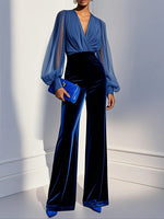 Load image into Gallery viewer, Women's Blue Velvet Jumpsuit Mesh V-Neck Long Sleeve