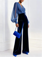 Load image into Gallery viewer, Women's Blue Velvet Jumpsuit Mesh V-Neck Long Sleeve
