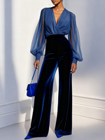 Load image into Gallery viewer, Women's Blue Velvet Jumpsuit Mesh V-Neck Long Sleeve