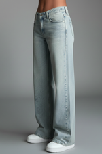 Load image into Gallery viewer, Women's Light Blue Jeans High Waist Drawstring Detail Relaxed Wide Leg Casual Jean Style
