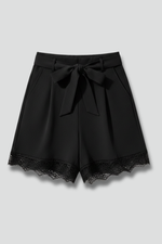Load image into Gallery viewer, Women's Black Shorts Tie Waist Bow Lace Hem High Waist Flowy Casual Style