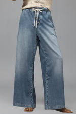 Load image into Gallery viewer, Women's Light Blue Jeans Elastic Drawstring Waist Relaxed Wide Leg Casual Jean Style