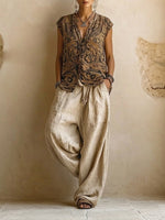 Load image into Gallery viewer, Women's Cotton Linen Wide Leg Pants Set Boho Print Cardigan