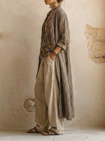 Load image into Gallery viewer, Women's Cotton Linen Wide Leg Pants Set Boho Print Cardigan