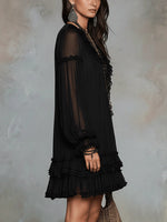 Load image into Gallery viewer, Effortless Black Mini Dress for Women in Boho Ruffle Chiffon Style