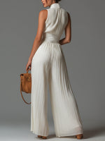 Load image into Gallery viewer, Women's White Pleated Jumpsuit Deep V Neck and Corset Waist