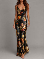Load image into Gallery viewer, Women's Satin Maxi Dress Cowl Neck Spaghetti Strap Floral Print Bias Cut Formal Style
