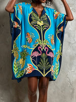 Load image into Gallery viewer, Women's Blue Casual Dress Tropical Print V-Neck Kaftan Style