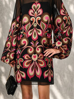 Load image into Gallery viewer, Women's Black Floral Mini Dress Sheer Balloon Sleeve Boat Neck Shift Style