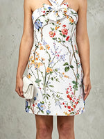 Load image into Gallery viewer, Women's White Floral Mini Dress Halter Cross Strap a Line Cocktail Style