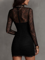 Load image into Gallery viewer, Women's Black Mini Dress High Neck Lace Long Sleeve Ruched Bodycon Cocktail Style