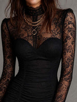 Load image into Gallery viewer, Women's Black Mini Dress High Neck Lace Long Sleeve Ruched Bodycon Cocktail Style