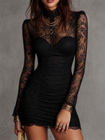 Load image into Gallery viewer, Women's Black Mini Dress High Neck Lace Long Sleeve Ruched Bodycon Cocktail Style