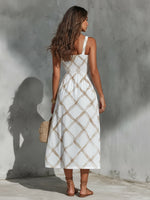 Load image into Gallery viewer, Women's White Midi Dress Square Neck Sleeveless Geometric Print Column Flowing Style