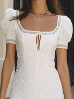 Load image into Gallery viewer, Women's White Mini Dress Square Neck Puff Sleeve Keyhole Tie Front a Line Style