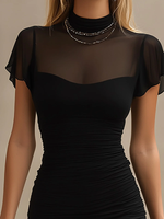 Load image into Gallery viewer, Women's Black Mini Dress Mock Neck Mesh Panel Flutter Sleeve Ruched Bodycon Style
