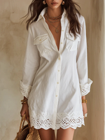Load image into Gallery viewer, Women's White Linen Shirt Dress Collared Button Front Long Sleeve Crochet Hem Style