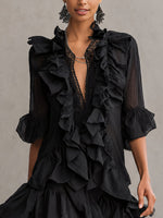 Load image into Gallery viewer, Women's Black Ruffle Mini Dress V-Neck Sheer Sleeve Tiered Style