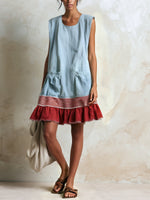 Load image into Gallery viewer, Women's Blue Denim Mini Dress Ruffle Tiered Contrast Hem