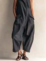 Load image into Gallery viewer, Women's Black Linen Jumpsuit Collar Sleeveless Wide Leg Style