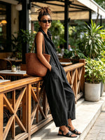 Load image into Gallery viewer, Women's Black Linen Jumpsuit Collar Sleeveless Wide Leg Style