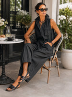 Load image into Gallery viewer, Women's Black Linen Jumpsuit Collar Sleeveless Wide Leg Style