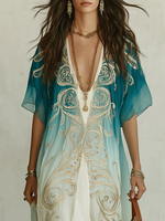Load image into Gallery viewer, Women's Blue Ombre Kaftan Maxi Dress V-Neck Flowing Boho Style