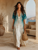 Load image into Gallery viewer, Women's Blue Ombre Kaftan Maxi Dress V-Neck Flowing Boho Style