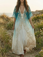 Load image into Gallery viewer, Women's Blue Ombre Kaftan Maxi Dress V-Neck Flowing Boho Style