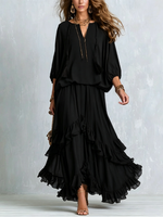 Load image into Gallery viewer, Women's Black Boho Maxi Skirt Set Tassel Drawstring V-Neck and Ruffled Tiered Skirt