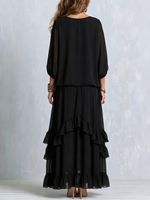 Load image into Gallery viewer, Women's Black Boho Maxi Skirt Set Tassel Drawstring V-Neck and Ruffled Tiered Skirt